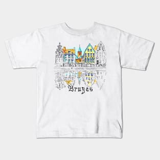 Scenic city view of Bruges canal with beautiful houses Kids T-Shirt